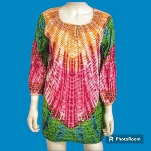 A LA CARTE Embroidered Beaded Tie Dye Eyelet Scoop Neck Festival Tunic
